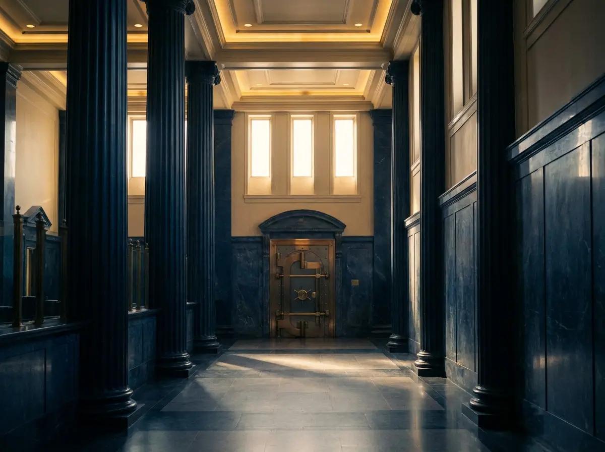 Interior of a classical financial institution in navy and gold light.
